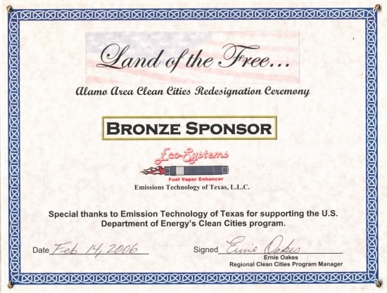 Alamo Area Clean Cities Redesignation Ceremony Bronze Sponsor certificate for Emissions Technology of Texas, February 14, 2006