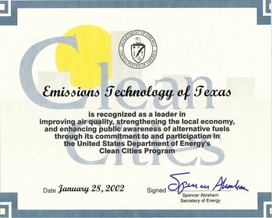 US Department of Energy Clean Cities Program recognition for Emissions Technology of Texas, January 28, 2002