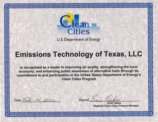 US Department of Energy Clean Cities recognition for Emissions Technology of Texas, LLC, February 14, 2006