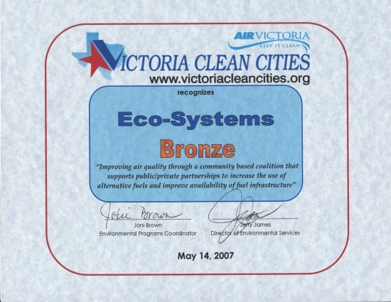 Victoria Clean Cities Bronze Award recognizing Eco-Systems, May 14, 2007