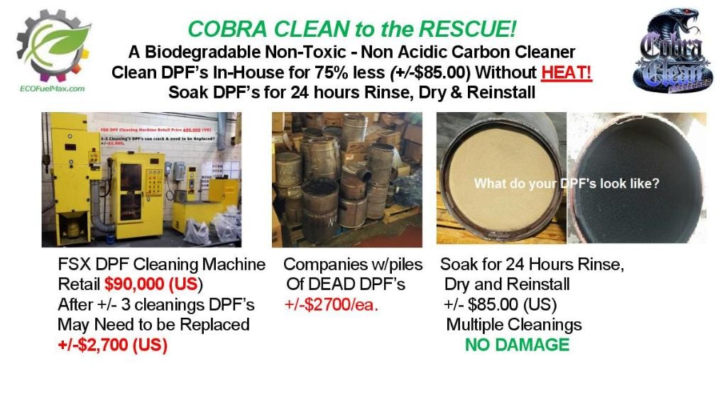 COBRA CLEAN to the Rescue! Biodegradable Non-Toxic Non-Acidic DPF Cleaner — Clean DPFs In-House for 75% less